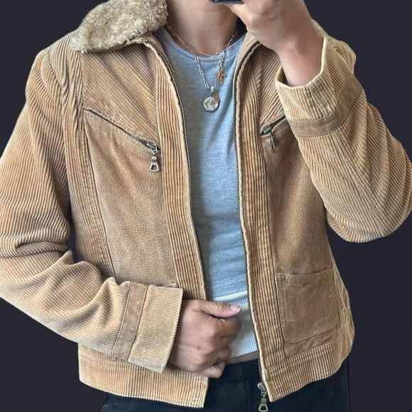VINTAGE NINE WEST Brown Corduroy & Suede Zip Jacket With Faux Fur Collar Size-L - Picture 10 of 12